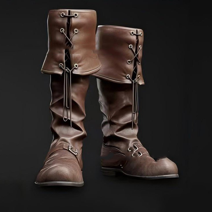 Bloodborne Cosplay Prop - รองเท้าบูทหนังเทียมสไตล์โจรสลัดสำหรับผู้ชาย แบบพับข้อเท้าได้ มีเชือกผูก รองเท้าแฟชั่นยุคเรอเนซองส์ ยุคกลาง สำหรับคอสเพลย์